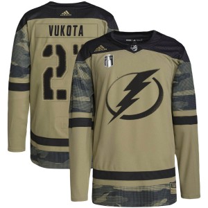 Youth Tampa Bay Lightning Mick Vukota Adidas Authentic Military Appreciation Practice 2022 Stanley Cup Final Jersey - Camo
