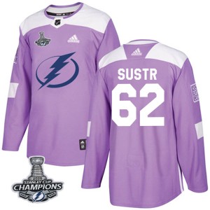 Men's Tampa Bay Lightning Andrej Sustr Adidas Authentic Fights Cancer Practice 2020 Stanley Cup Champions Jersey - Purple