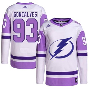 Youth Tampa Bay Lightning Gage Goncalves Adidas Authentic Hockey Fights Cancer Primegreen Jersey - White/Purple