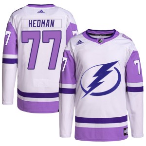 Youth Tampa Bay Lightning Victor Hedman Adidas Authentic Hockey Fights Cancer Primegreen Jersey - White/Purple