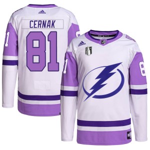 Youth Tampa Bay Lightning Erik Cernak Adidas Authentic Hockey Fights Cancer Primegreen 2022 Stanley Cup Final Jersey - White/Pur