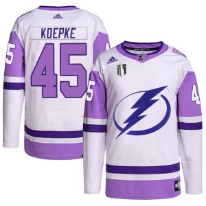 Youth Tampa Bay Lightning Cole Koepke Adidas Authentic Hockey Fights Cancer Primegreen 2022 Stanley Cup Final Jersey - White/Pur