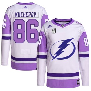 Youth Tampa Bay Lightning Nikita Kucherov Adidas Authentic Hockey Fights Cancer Primegreen 2022 Stanley Cup Final Jersey - White