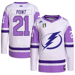 Youth Tampa Bay Lightning Brayden Point Adidas Authentic Hockey Fights Cancer Primegreen 2022 Stanley Cup Final Jersey - White/P