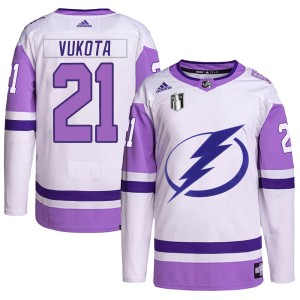 Youth Tampa Bay Lightning Mick Vukota Adidas Authentic Hockey Fights Cancer Primegreen 2022 Stanley Cup Final Jersey - White/Pur
