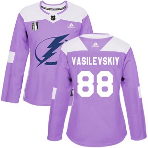 Women's Tampa Bay Lightning Andrei Vasilevskiy Adidas Authentic Fights Cancer Practice 2022 Stanley Cup Final Jersey - Purple