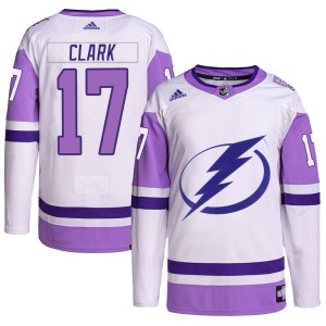 Men's Tampa Bay Lightning Wendel Clark Adidas Authentic Hockey Fights Cancer Primegreen Jersey - White/Purple