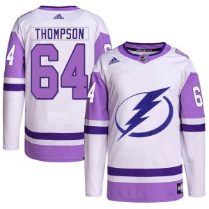 Men's Tampa Bay Lightning Jack Thompson Adidas Authentic Hockey Fights Cancer Primegreen Jersey - White/Purple