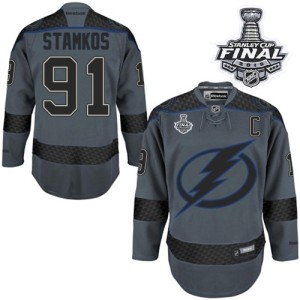 Men's Tampa Bay Lightning Steven Stamkos Reebok Authentic Cross Check Fashion 2015 Stanley Cup Patch Jersey - Charcoal