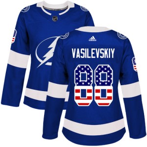 Women's Tampa Bay Lightning Andrei Vasilevskiy Adidas Authentic USA Flag Fashion Jersey - Blue